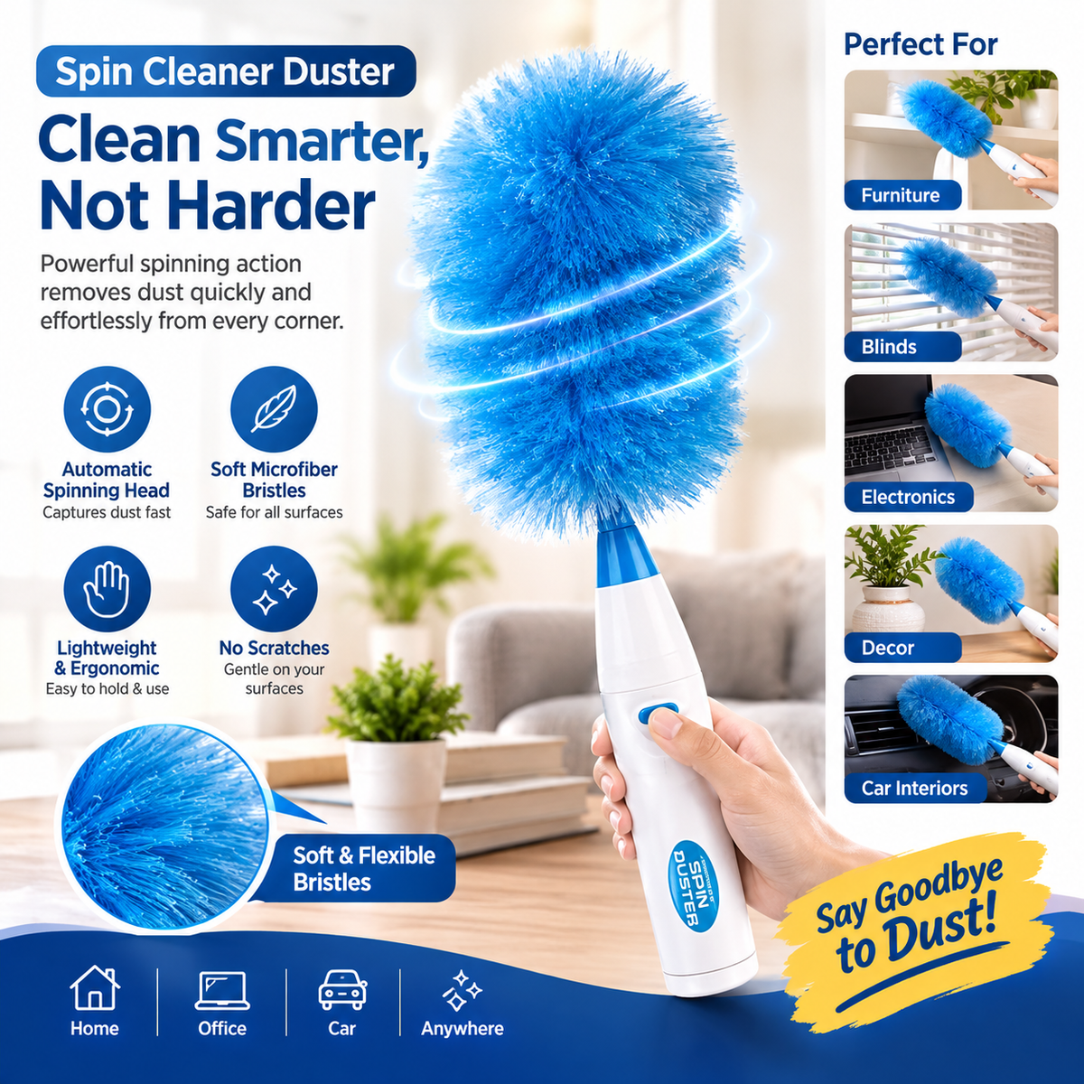 Rechargeable Spin Cleaner Duster – Removes Dust & Cleans Hard-to-Reach Areas